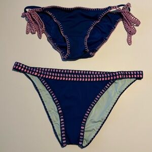 Lot of 2 Victoria’s Secret Crochet Swim Bikini Bottoms Navy Blue Sz Large